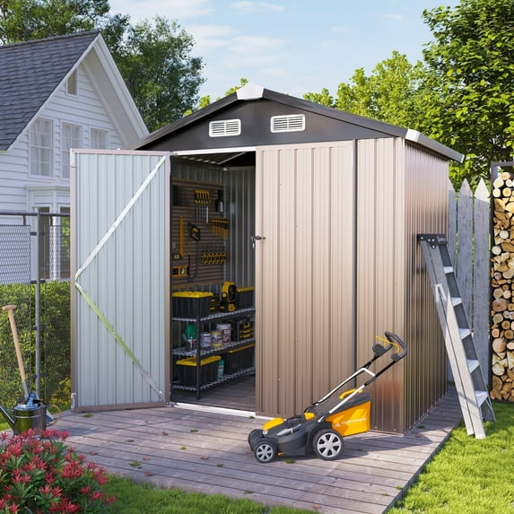Outdoor Storage Shed, 6.4' x 4' Galvanized Metal Steel Shed with Lockable Door for Backyard, Garden