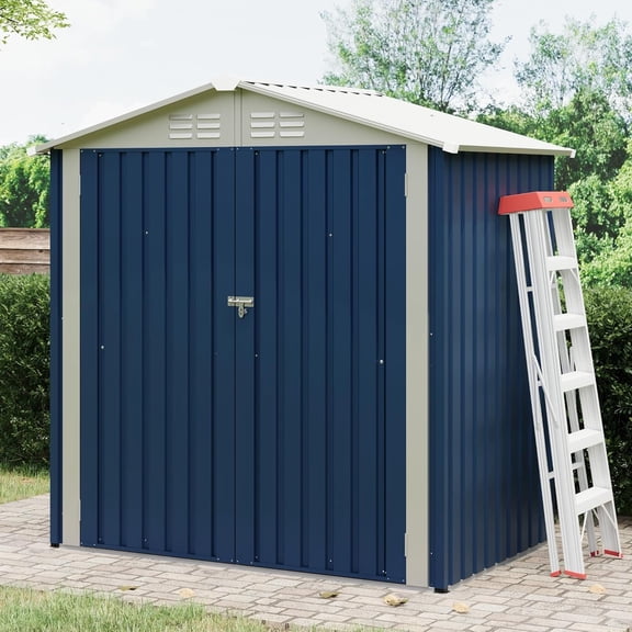 Outdoor Storage Shed 6×4FT, Weather-Resistant Garden Shed with Gable Roof & Grid Window, Lockable Double Doors, Multi-Use Backyard Shed for Bikes, Mowers, Patio Supplies, Blue