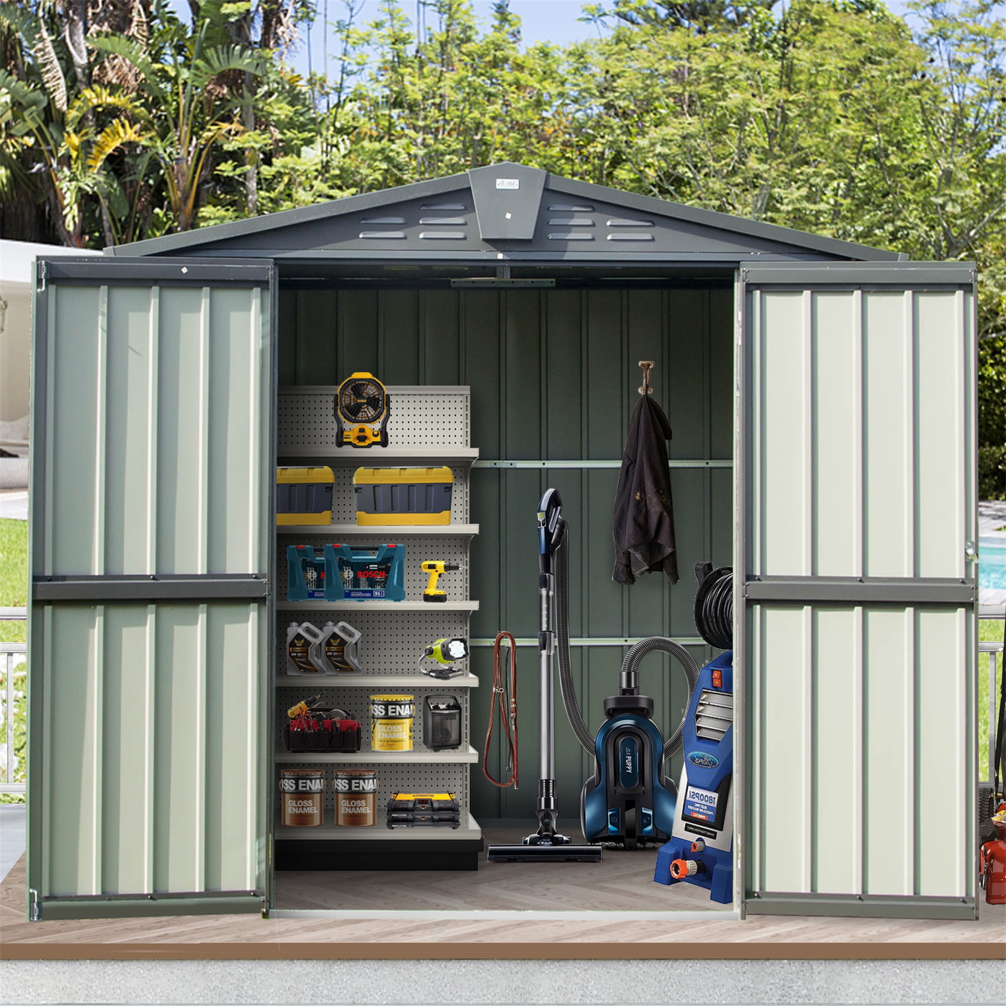 Outdoor Storage Shed 6.5'X 4.2', Metal Garden Shed for Bike, Trash Can, Tools, Lawn Mowers, Galvanized Steel Outdoor Storage Cabinet with Lockable Door for Backyard, Patio, Lawn (6.5X4.2FT, Black)