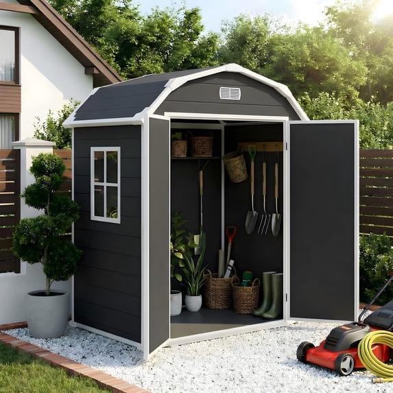 Outdoor Storage Shed 6 x 4.5 ft, Garden Resin Tool Shed with Window&Vents,Lockable Door&Ramp,Waterproof Storage Shed with Floor Suitable for Patios,Gardens, Backyards and Construction Sites