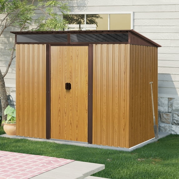 Outdoor Storage Shed 6 x 8 FT, Lockable Metal Garden Shed Steel Anti-Corrosion Storage House with Single Lockable Door for Backyard Outdoor Patio (Coffee)