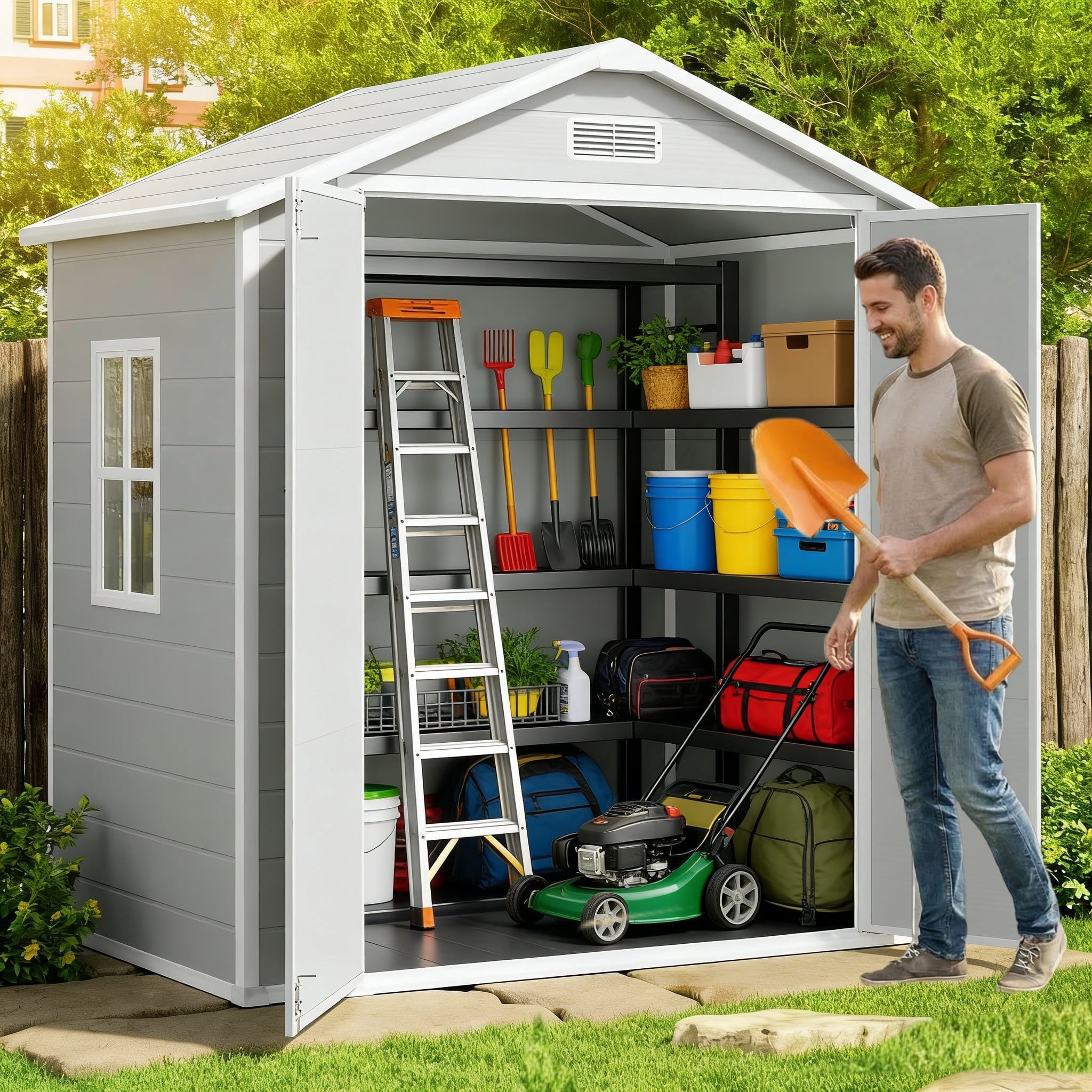 6x4 FT Shed, Outdoor Resin Storage Shed with Floor, Window & Lockable Door for Backyard | Patio | Lawn | Gray