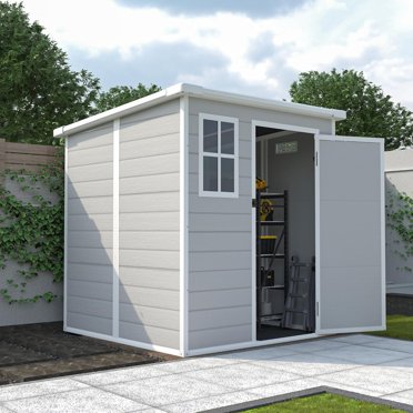 Outdoor Storage Shed 6x6 Ft, Resin Plastic Tool Shed with Lockable Door for Yard, Garden Shed Patio, Weatherproof, Grey & White