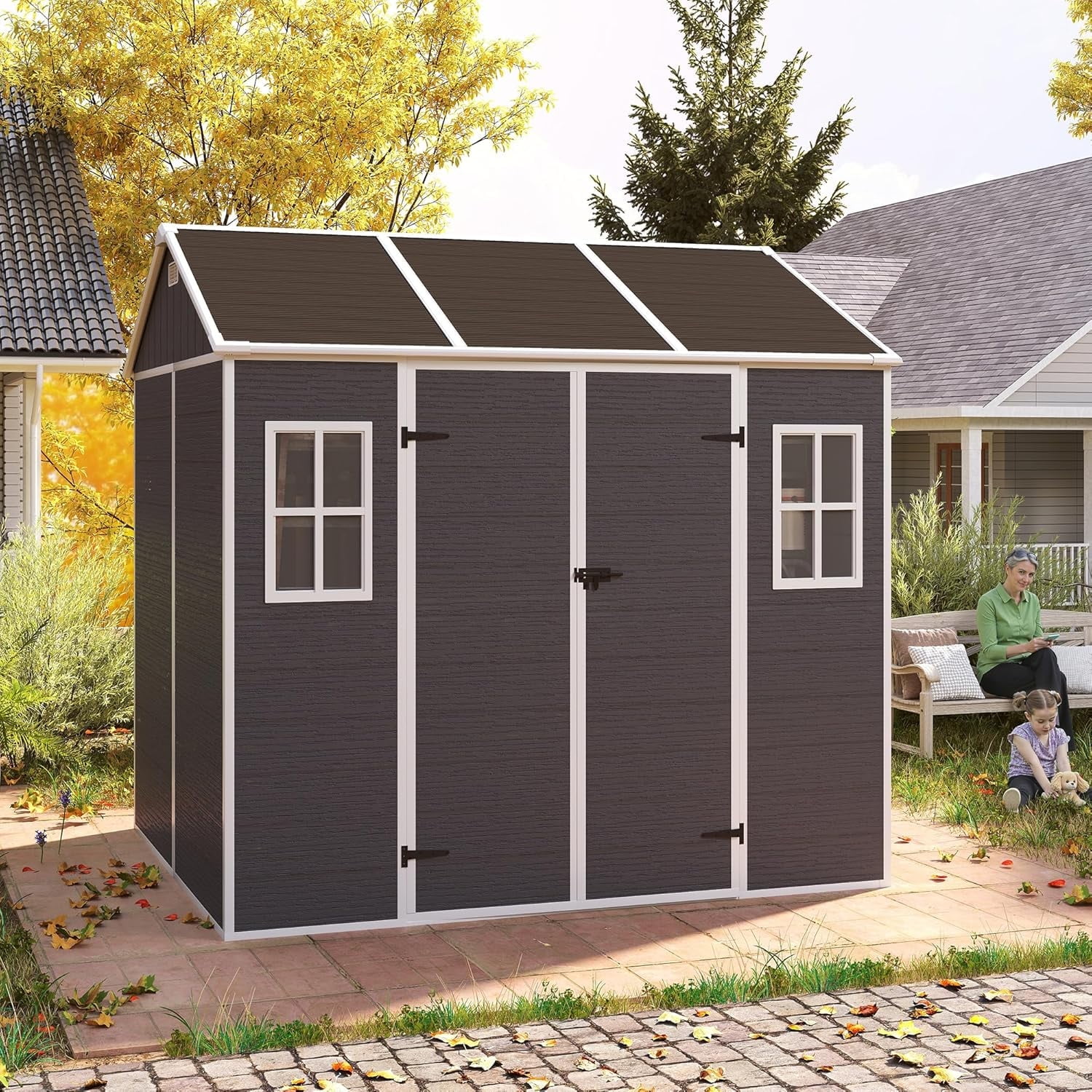 Outdoor Storage Shed 6x6 Ft, Resin Plastic Tool Shed with Lockable Door for Yard, Garden Shed Patio, Weatherproof, Grey & White