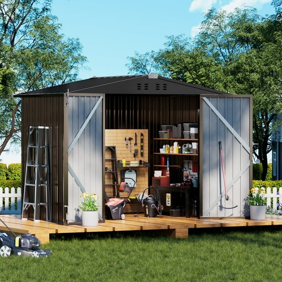 COMHOMA Outdoor Storage Shed 8 x 6 FT Shed with Lockable Door Steel Garden Shed with Air Vent,Brown