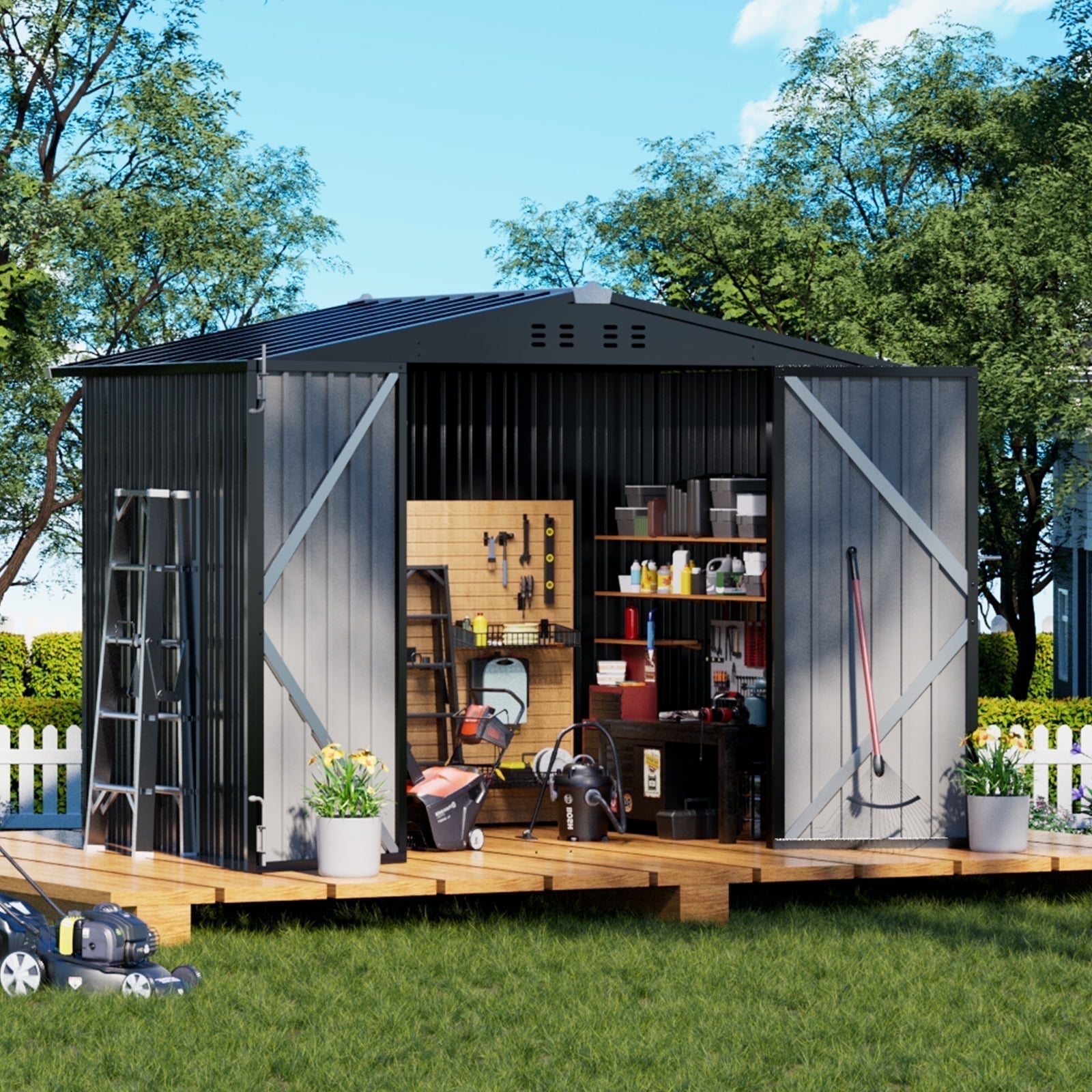 COMHOMA Outdoor Storage Shed 8 x 6 ft Shed with Lockable Door Steel Garden Shed with Air Vent,Gray
