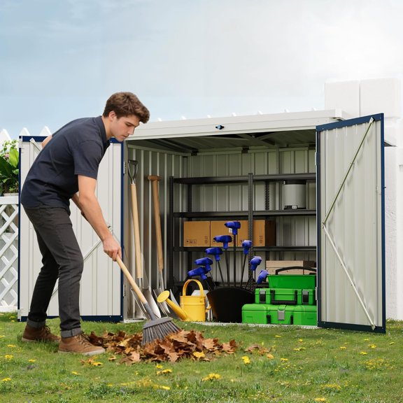 Outdoor Storage Shed 80 Cu.Ft Galvanized Steel Trash Box with Sloped Roof and Lockable Door for Yard Garden Navy Blue