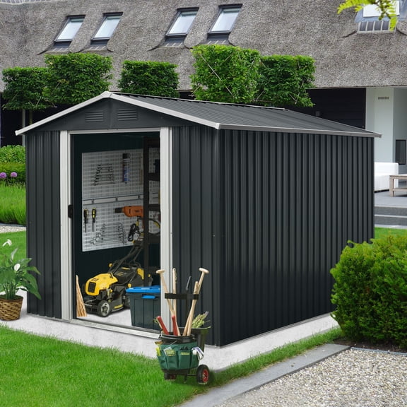 Outdoor Storage Shed 8ft x 10ft Outdoor Metal Storage Shed with meatl foundation,Black,Small Storage Shed
