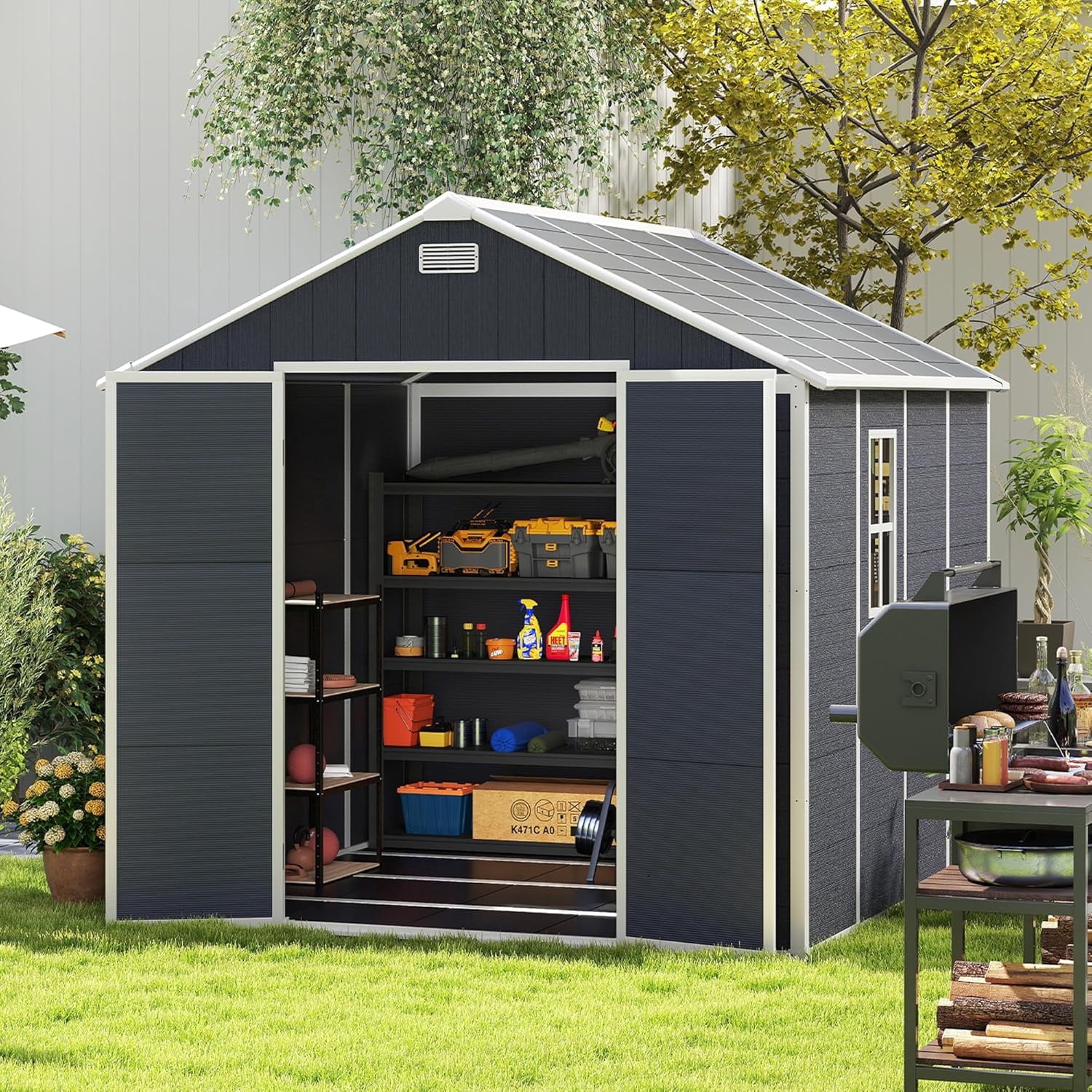 Outdoor Storage Shed 8x10 Ft, Resin Plastic Tool Shed with Lockable Door for Yard, Garden Shed Patio, Weatherproof, Grey & Black