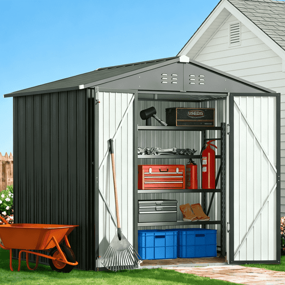Lofka 8x6 FT Outdoor Storage Shed Lockable Waterproof Rust Resistant Garden Tool Shed Dark Grey