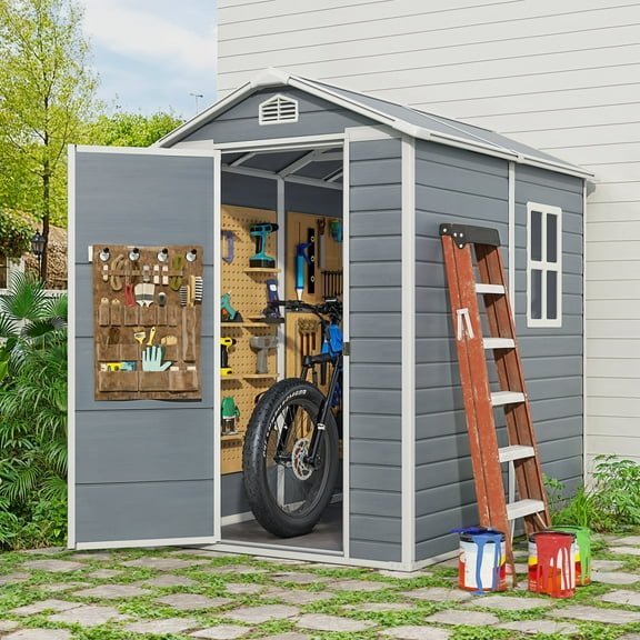 Asofer 6x4 ft Outdoor Resin Storage Shed with Floor & Lockable Doors - Heavy Duty Plastic Garden Shed for Backyard|Patio|Lawn Tool Organization - Grey