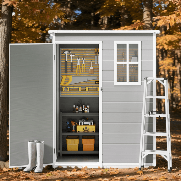 Outdoor Storage Shed, Asofer 5' x 3' Resin Outdoor Storage Shed with Floor, Plastic Garden Tool Shed, with Lockable Door, Suitable for Backyard, Patio, Lawn, Grey