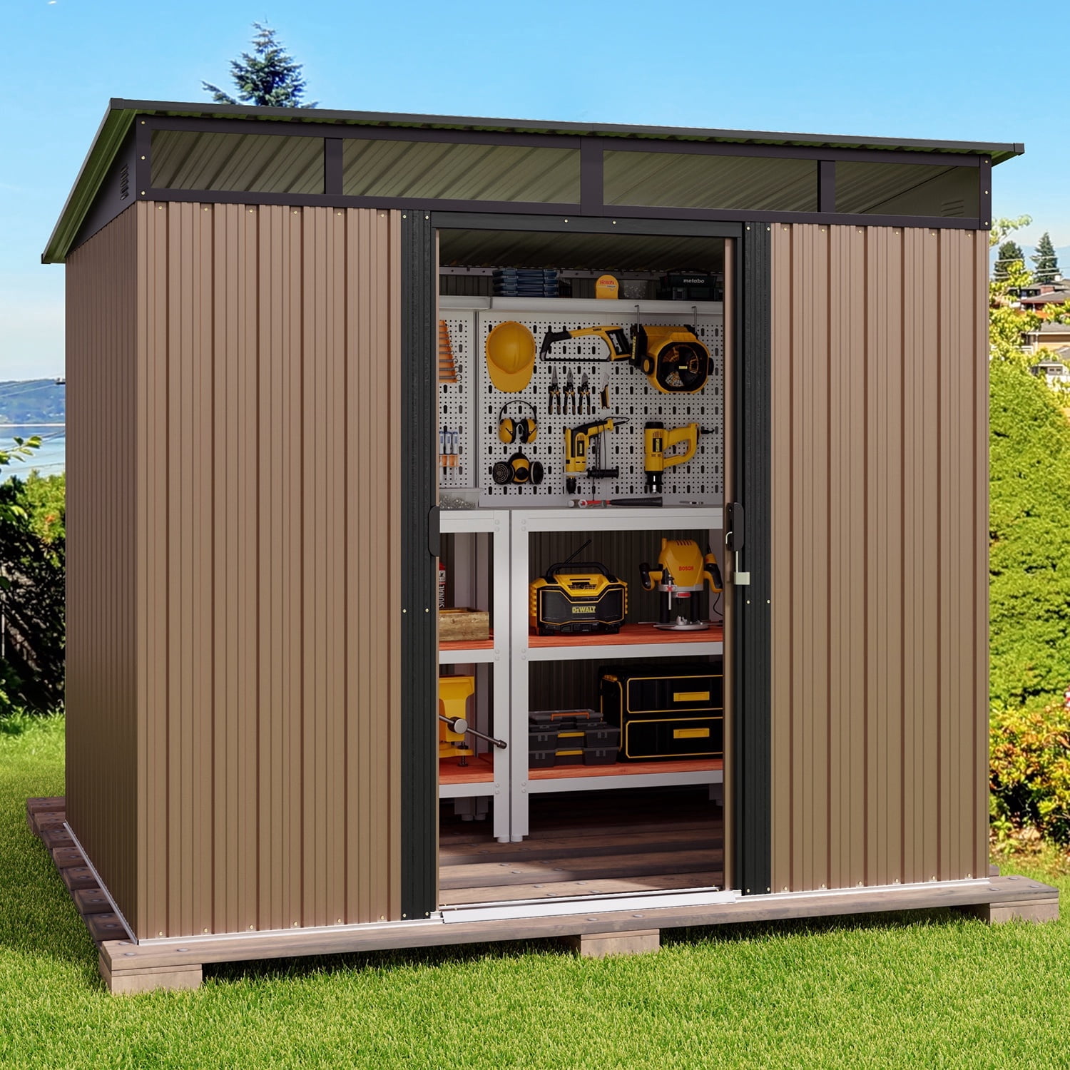 Outdoor Storage Shed, Asofer 8'x6' Metel Shed with Sliding Doors for Patio, Brown