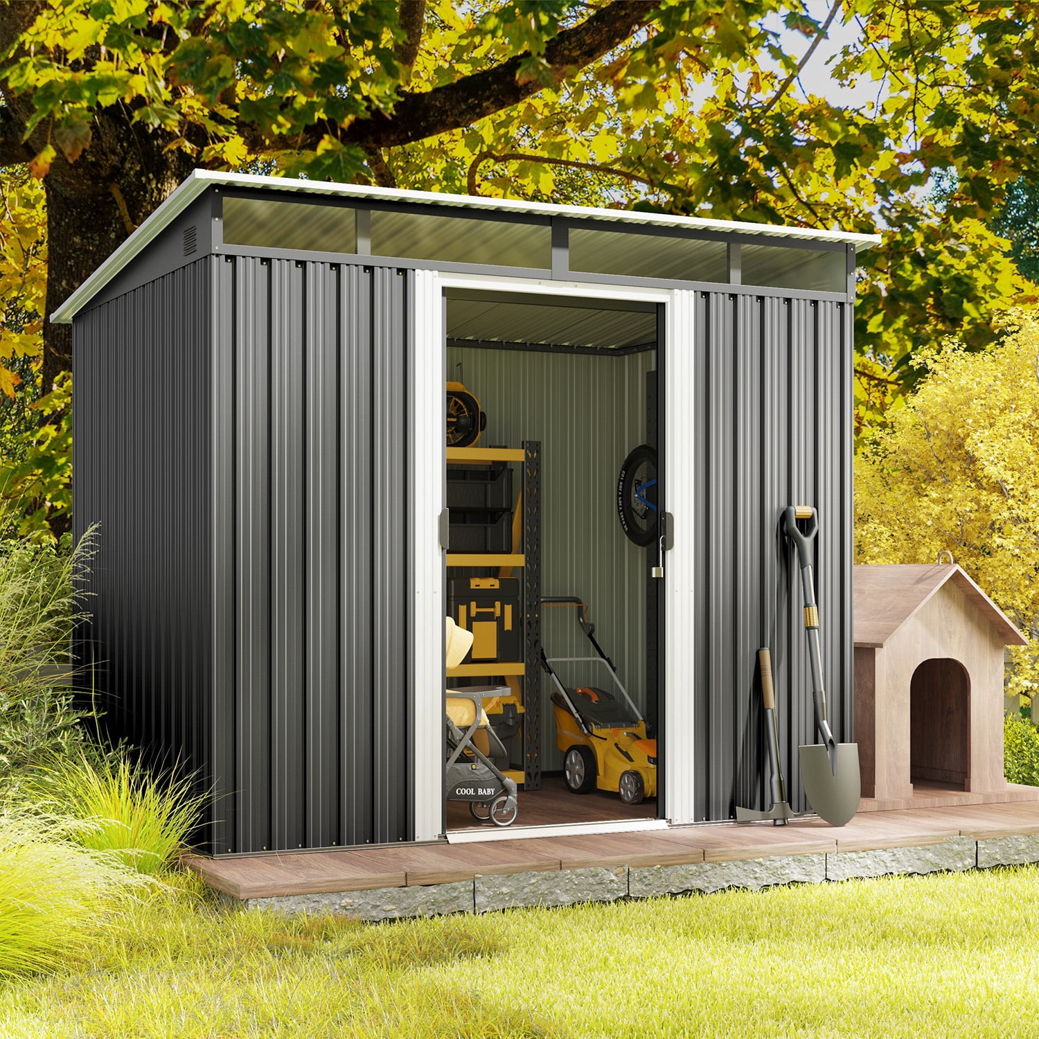 Outdoor Storage Shed, Asofer 8'x6' Metel Shed with Sliding Doors for Patio, Dark Gray