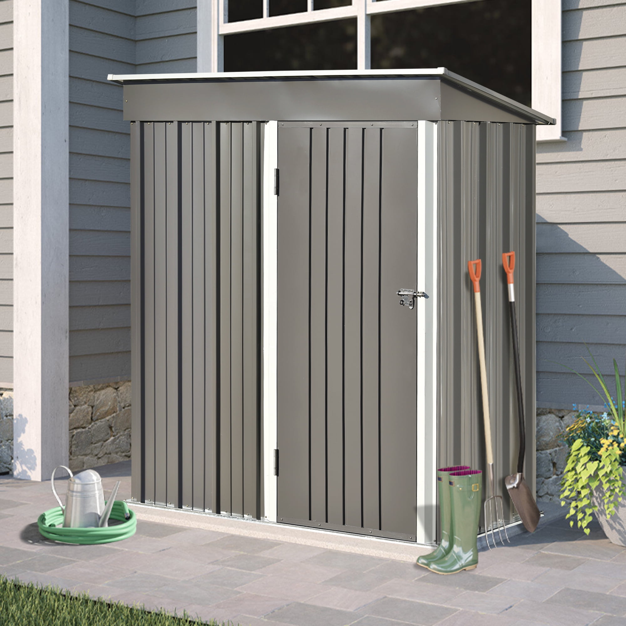 Outsunny 9' x 4' Metal Garden Storage Shed Tool House with Sliding Door  Spacious Layout for Backyard, Lawn Dark Gray