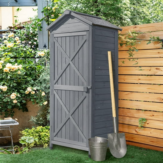 Outdoor Storage Shed with Floor, Wooden Storage Cabinet Waterproof, Garden Tool Shed with Shelves & Folding Workstation, Outside Vertical Shed with Adjustable Pegs, Fir Wood, Lockable Arrow( Gray)