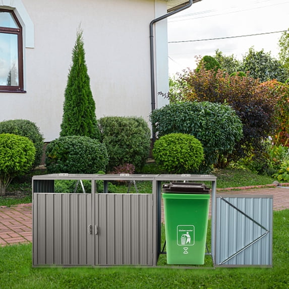 Outdoor Storage Shed Garbage Bin Shed Stores 3 Trash Cans Metal Outdoor Bin Shed for Garbage Storage,Stainless Galvanized Steel, Bin Shed for Garden Yard Lawn,Grey,Garden Storage Shed