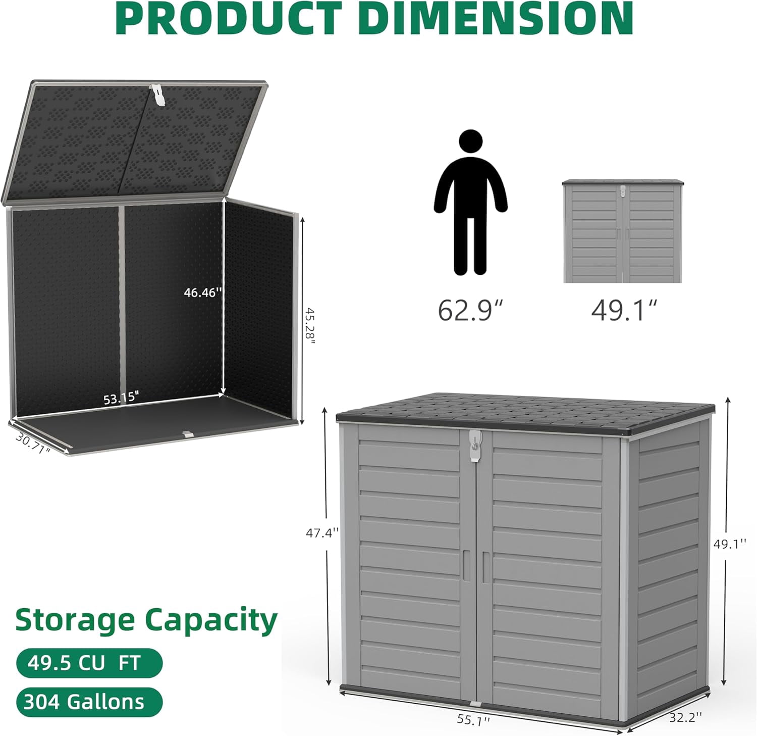 Outdoor Storage Shed, Horizontal Trash Can Storage for 2 Bins, 304 ...