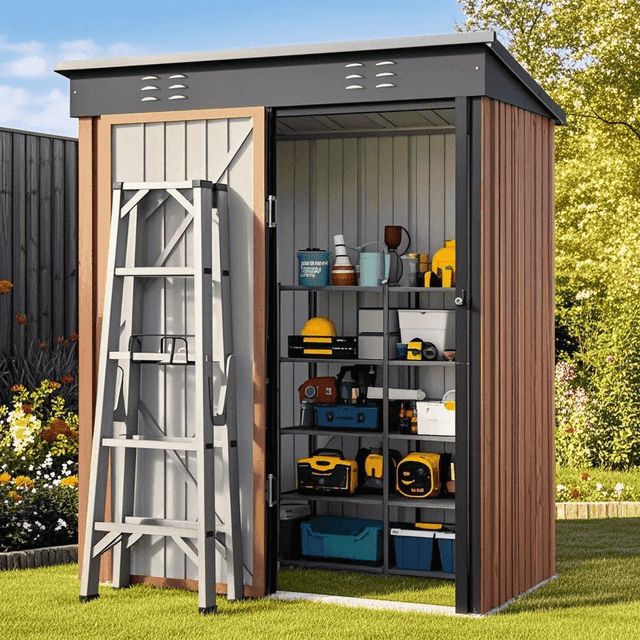 Lofka Outdoor Storage Shed,5'x 3' Metal Garden Shed with Single Lockable Door, All-Weather Galvanized Steel, Compact Space Saver for Garden Tools| Patio, Brown(Cobertizo de almacenamiento)