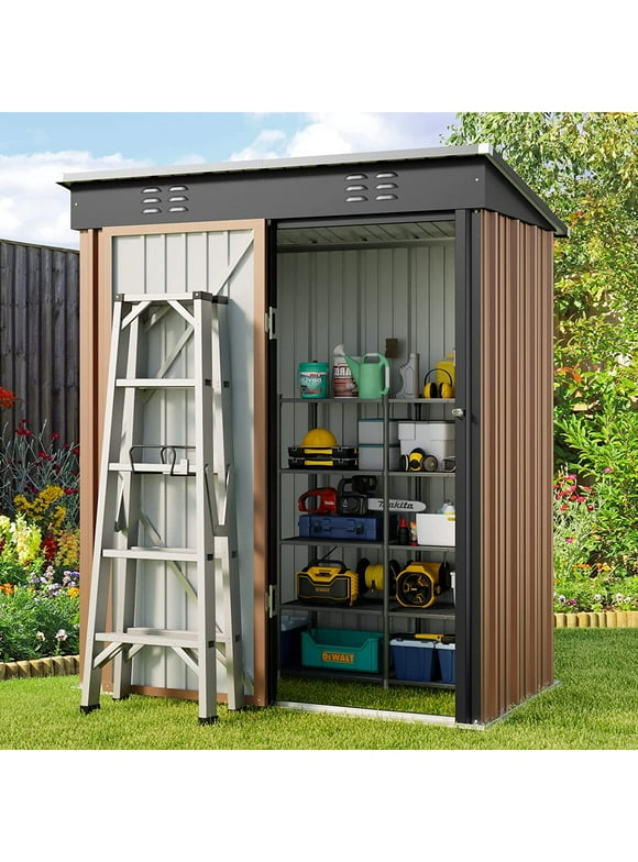 Outdoor Storage Shed, Lofka 5'x3' Outdoor Storage Shed, Metal Garden Shed,Brown