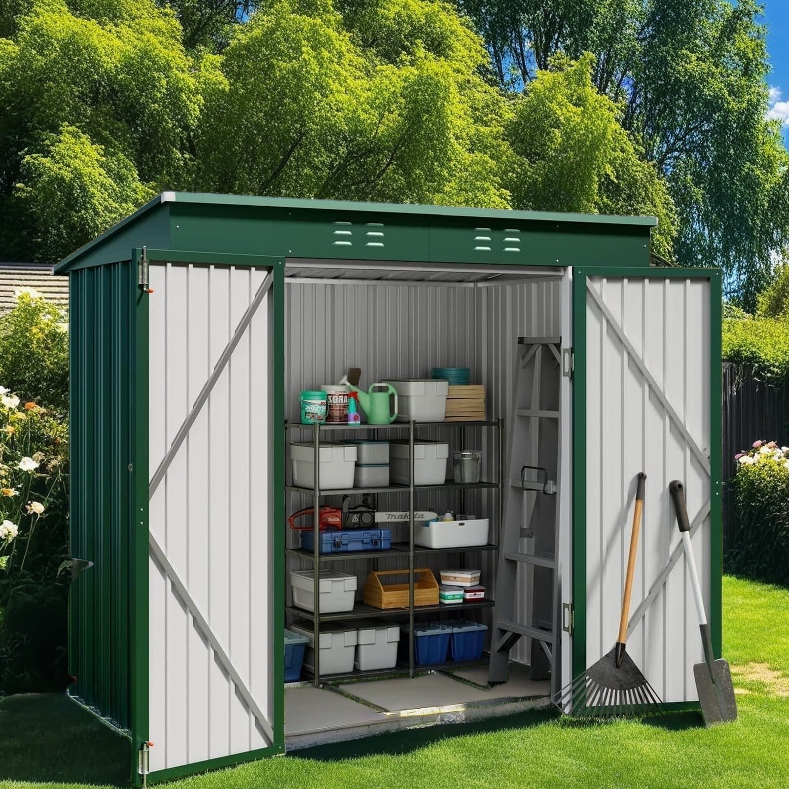 Green 6' x 4' Metal Outdoor Storage Shed with Lockable Doors