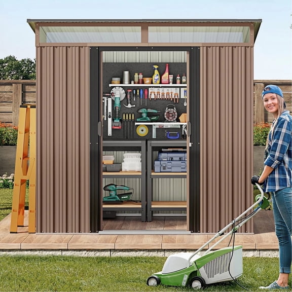 Outdoor Storage Shed, Lofka 6 x 4 Metal Shed with Double Sliding Lockable Doors, Tool House for Garden Backyard, Brown