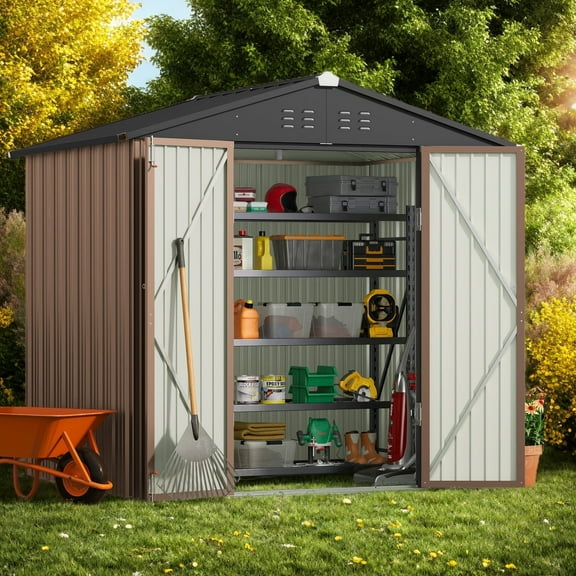 Outdoor Storage Shed, Lofka 8'x6' Metal Storage Shed with Lockable Doors, Weatherproof & UV-Resistant, Brown