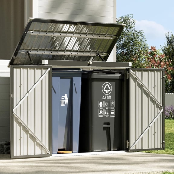 Outdoor Storage Shed Metal Trash Can Storage Cabinet with Chain Lid Waterproof Garden Tool Organizer Box for 2 Garbage Bins Generator Lawn Mower