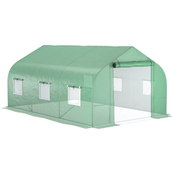 Outdoor Storage Shed Outsunny 11.5' x 10' x 7' Walk-in Greenhouse, Tunnel Green House with Zippered Mesh Door and 6 Mesh Windows, Gardening Plant Hot House with Galvanized Steel Frame, Green,Small S