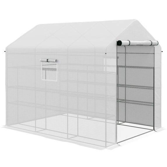 Outdoor Storage Shed Outsunny 8' x 6' x 7' Walk-in Greenhouse with Mesh Door and Windows, 18 Shelf Green House with Trellis, Plant Labels, UV protective for Growing Flowers, Herbs, Vegetables, Saplin