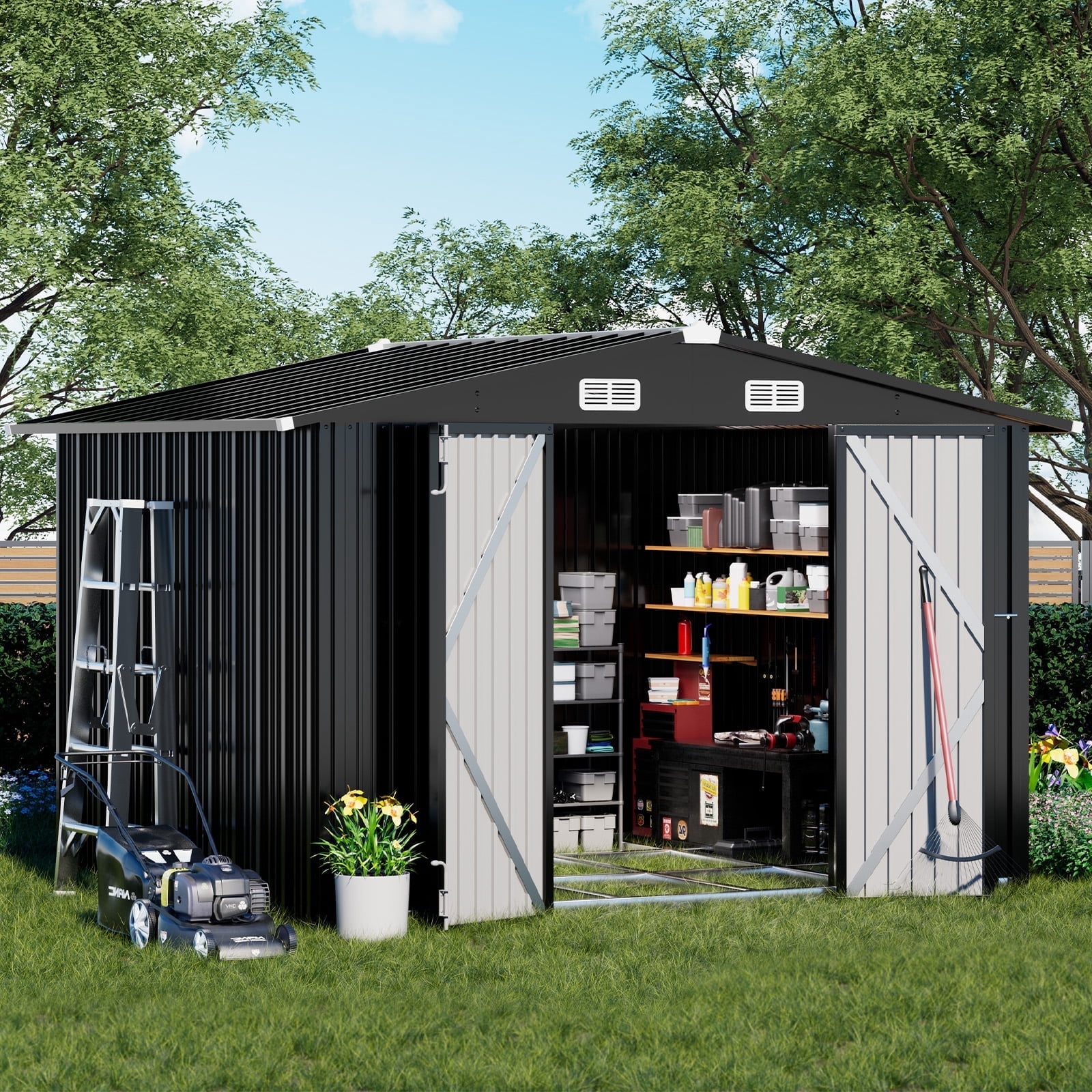 COMHOMA Outdoor Storage Shed with Base 10 x 8 FT Shed with Lockable Door Steel Garden Shed with Air Vent,Gray