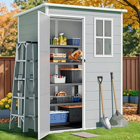 Lofka Outdoor Storage Shed with Floor, 5' x 3' Resin Garden Tool Shed with Window,  Quick Assembly |Lockable, for Patios, Gray