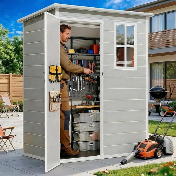 Lofka Outdoor Storage Shed with Floor, 5' x 3' Resin Garden Tool Shed with Window, Quick Assembly |Lockable, for Patios, Gray