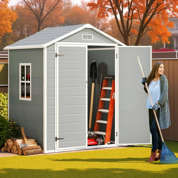 Storage Shed Outdoor with Floor, Lofka 6' x 4' Resin Outdoor Shed with Side Windows for Garden, Patios, Backyards, Gray