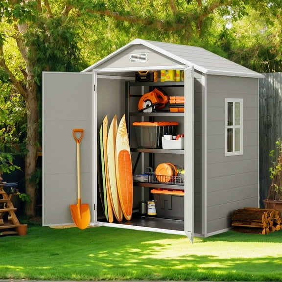Outdoor Storage Shed with Floor, Lofka 6' x 4' Resin Outdoor Shed with Side Windows for Garden, Patios, Backyards, Gray