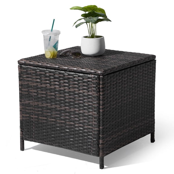 Outdoor Wicker Side Table with Storage, 27 Gallon Patio Deck Box for Poolside Balcony, Square Coffee Table with Heavy Duty Frame (Brown)