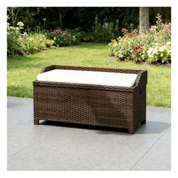 Outdoor Storage Stool - 660lbs Capacity Rattan Bench with Cushion - Patio Deck Furniture - Portable Storage Box - Deep Coffee Rattan & Cream Cushion