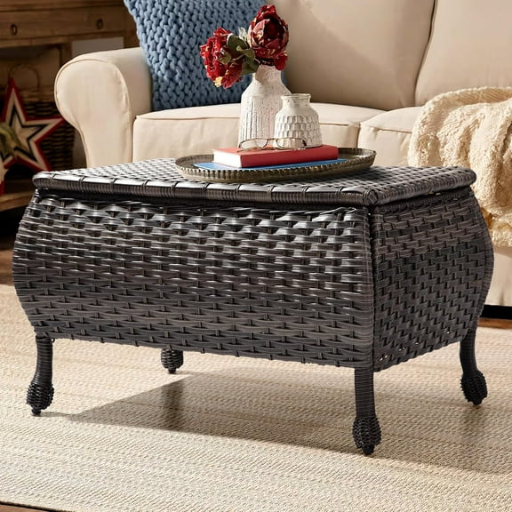 Outdoor Storage Table Patio Coffee Table All Weather Wicker Side Table with Storage Room Rattan Furniture for Toys and Garden Tools