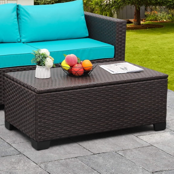 Outdoor Storage Table with Waterproof Cover, All-Weather Wicker Textured Patio Coffee Table, Heavy Duty Outside Utility Side Table Box for Pool Garden Deck, Adult Large Furniture