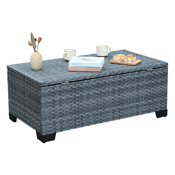 Outdoor Storage Table with Waterproof Cover, All-Weather Wicker Textured Patio Coffee Table, Heavy Duty Outside Utility Side Table Box for Pool Garden Deck, Adult Large Furniture