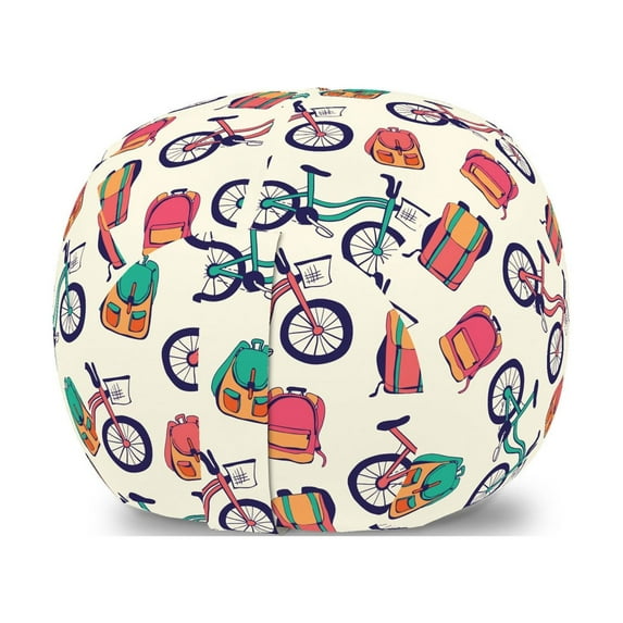 Outdoor Storage Toy Bag Chair, Hand Drawn Like Colorful Vintage Art Bicycles and Backpacks Illustration, Stuffed Animal Organizer Washable Bag, Large Size, Eggshell Multicolor, by Ambesonne