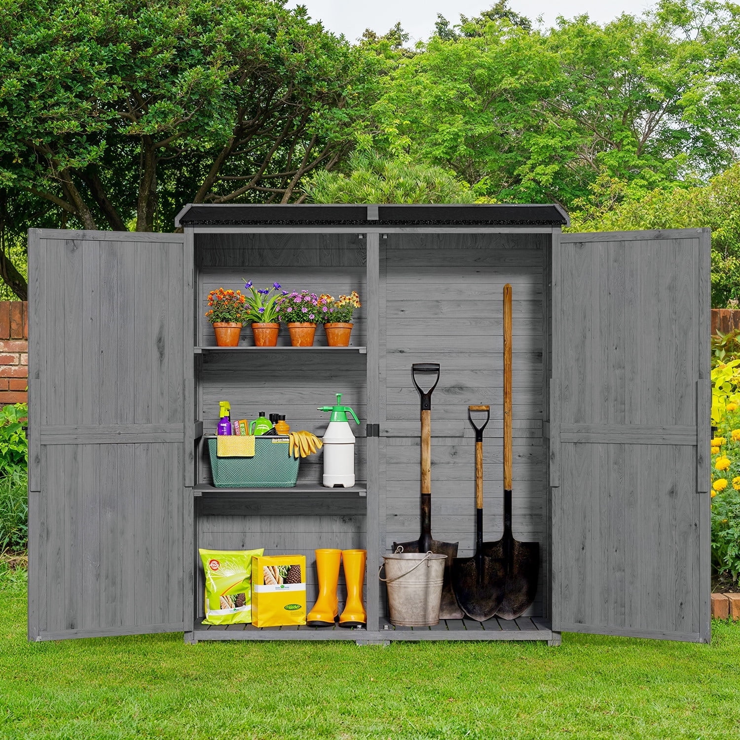 Outdoor Storage shed, Lofka Wooden Outdoor Storage Cabinet, with 2 Lockable Doors and Handles, 5.3ft x4.6ft, Gray
