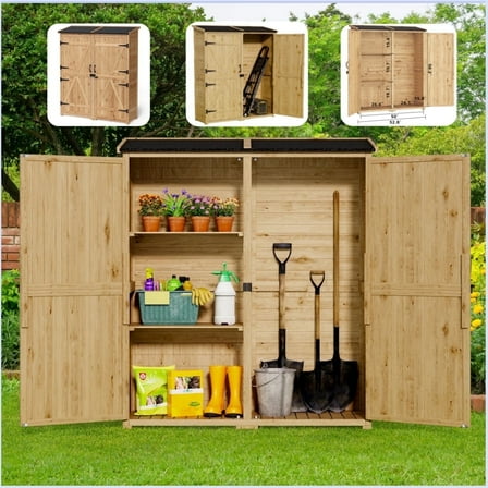 Outdoor Storage shed, Lofka Wooden Outdoor Storage Cabinet, with 2 Lockable Doors and Handles, 5.3ft x4.6ft, Natural