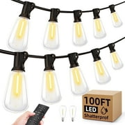 Outdoor String Led Patio Lights, 100Ft Waterproof Light 28 Bulbs+2 Spares with Remote Dimmable ST38 Shatterproof Bulb, Hanging Outdoor Electric Lighting for Backyard Yard Porch Party