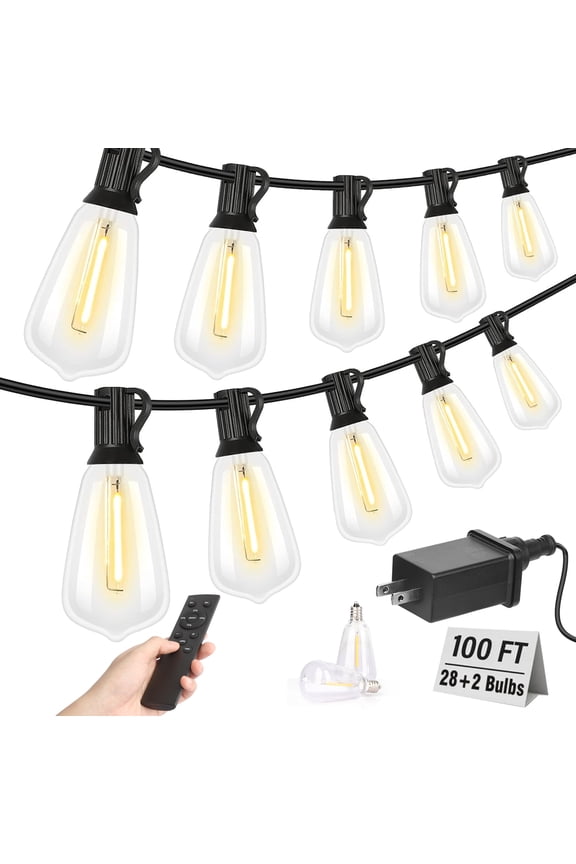 Outdoor String Led Patio Lights, 100Ft Waterproof Light 28 Bulbs+2 Spares with Remote Dimmable ST38 Shatterproof Bulb, for Backyard Yard Porch Party