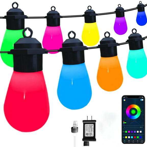 Outdoor String Light 32.8FT with Edison RGB Bulb Waterproof&Shatterproof APP&Adapter button Dimmable Music synic Timer speedness for Vacation Daily Camping Garden Yard Party Wedding Home