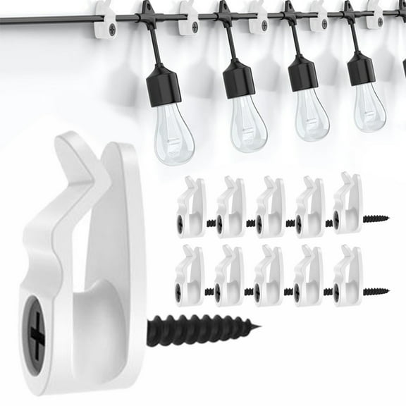 Outdoor String Light Clips 10 Pack - Weatherproof Cable Hanger Hooks for Hanging String Lights - Screw Mount Light Clips for Patio, Gutter, Balcony, Deck, Fence Holiday Decorations
