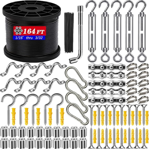 Outdoor String Light Hanging Kit,164 FT Black Vinyl -Coated Wire Rope Cable