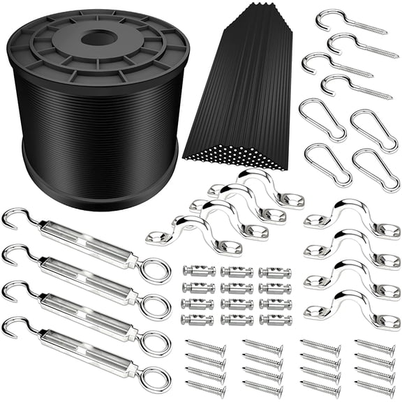 Outdoor String Light Hanging Kit 304 Tension Guide Wire Cable 164ft | Stainless Steel Black Vinyl Coated Wire Rope Suspension Kit with Hook Eye Turnbuckle for String Lights Patio Garden ,Anti-Sag