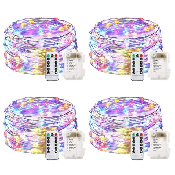 33 Feet 100 Led Fairy Lights Battery Operated with Remote Control Timer Waterproof Silver Wire Twinkle String Lights for Bedroom Indoor Outdoor Wedding Dorm Deco MultiColor 4Pack